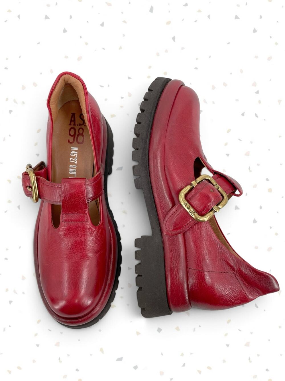 A.S. 98 Red Leather Dax Lug Sole T-Strap Pumps Mary Jane Shoes Office Size 37